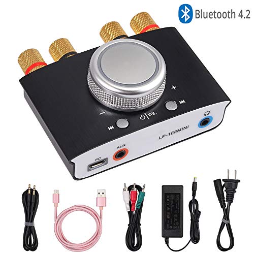 eSynic Mini Bluetooth Power Amplifier 50W + 50W Stereo Hi-Fi Digital Amp, AUX/USB/Bluetooth Input to R/L RCA + 3.5mm Headphone Jack 2 Channel Wireless Audio Receiver with Volume Control Power Adapter