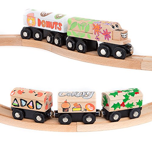 8 Unpainted Train Cars with 12 Colors Paint and Paint Brushes Set for Wooden Railway Compatible with Thomas, Chuggington, Brio, Great for Birthday Party Train Theme