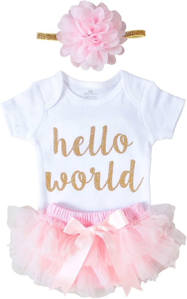 OoSweetCharlotteoO Newborn Baby Girl Coming Home Outfit Hello World Bodysuits 3pcs