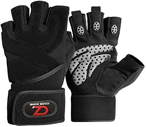 COREZONEWorkout Gloves with Wrist Wraps | Non Slip Hand Protector Weight Lifting Gym Gloves for Men & Women | Fingerless Gloves with Grip & Wrist Supports for Gym Workout and Weight Training