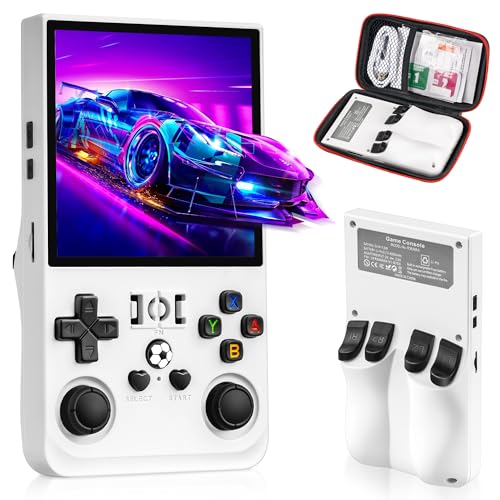 R36MAX Retro Game Console, Handheld Game Console with 4.0-in IPS HD Screen，Video Game Consoles with 64GB Memory, Portable Games Consoles with Storage Bag（White）