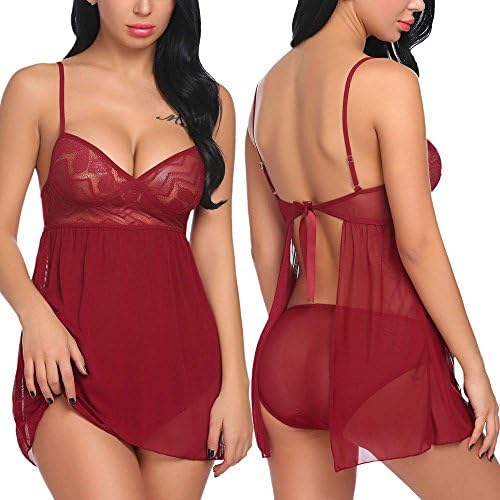 Legros Babydoll Sleepwear Women V Neck Lingerie Sleepwear Set(Dark Red,XXL)