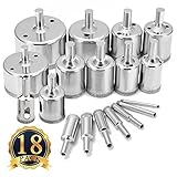 Glass Tile Hole Saw Bits Set, Diamond Hole Saw Drill Bits Extractor Remover Tools Hole Saws for Glass, Porcelain, Ceramic, Granite Light Stone Hollow Core Drill Bits Pack of 18,Sizes 4-50mm
