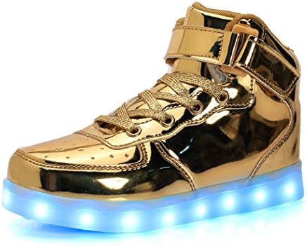 AOBMY High Top USB Charging Led Sneakers For Kids Boy and Girl's Light Up Flashing Shoes(Toddler/Little Kid/Big Kid) (Little Kid:US 1.5 M, Gold)