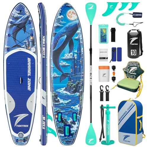 TIDETREK 11'/11'6" x 33"/34" x 6" Inflatable SUP Paddle Board – Extra-Wide, Stable Stand Up Paddle Board with Premium Full Accessory Set for Adults & Youth (Whale Dream/Kayak Seat, 11'x33 x6)
