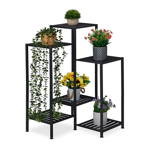 Relaxdays Plant Stand, 6 Tiers, Metal, Shelves for Flower Pots & Herbs, Houseplant Rack, HWD: 81 x 55 x 55 cm, Black, Iron, Steel