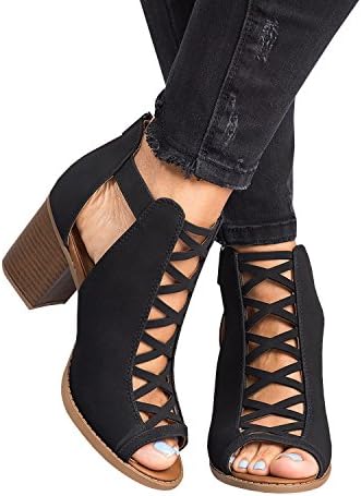 Chimikeey Womens Sandals Perforated Open Toe Chunky Block Heel Summer Ankle Booties Shoes Side Zipper