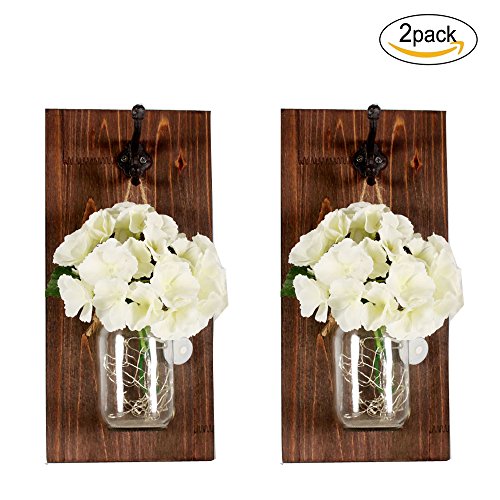 sexyrobot Wall Decor Hanging Hydrangea Mason Jar Sconces with Iron Hooks, Rustic Wooden Board, Silk Hydrangea Flower, LED Strip Lights with Batteries Included Home Decor, 2 PCS - Thumbnail 5