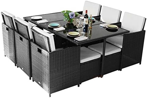 JYCBES 11 Piece Adapt Indoor and Outdoor Rattan Furniture Patio Dining Set Garden Lawn Porch Table Chair Ottoman