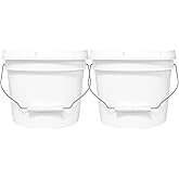MKS Plastics 2-Gallon Bucket with Airtight Lid – Made in USA, Food Grade BPA Free Plastic, Heavy Duty Multi-Use, Metal Handle with Grip, Stackable Storage – White, 2 Pack