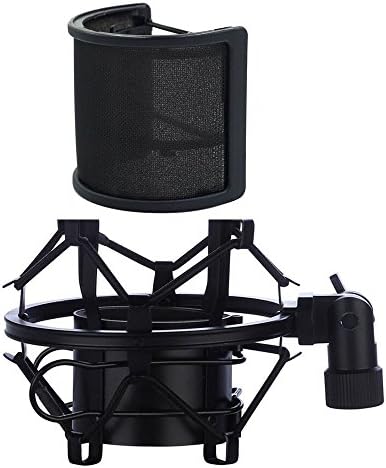 Sywon Microphone Shock Mount Set with Metal Mesh Pop Filter Mic Cover, Mic Anti-Vibration Mount Holder Clip for Diameter 46mm-53mm Microphones Studio Recording