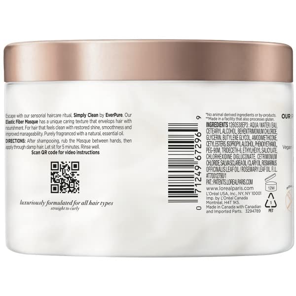 L’OREAL PARIS EVERPURE SULFATE FREE SIMPLY CLEAN ELASTIC FIBER MASQUE, HYDRATING 5 MINUTE DEEP CONDITIONING HAIR MASK FOR DRY DAMAGED HAIR, 12 FL OZ