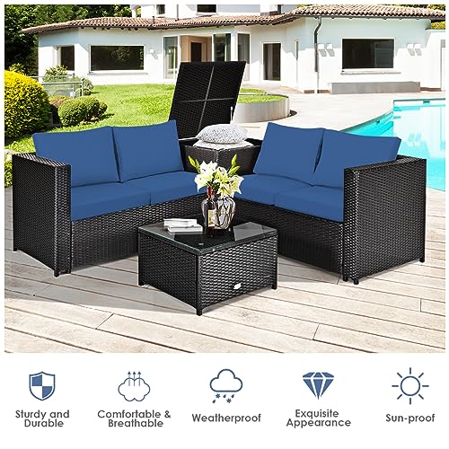 DORTALA Wicker Patio Furniture Set 4 Piece, Outdoor Sectional Couch Set with Table, Loveseat, Storage Box, All-Weather Rattan Conversation Sofa for Balcony, Porch, Backyard, Deck, Navy