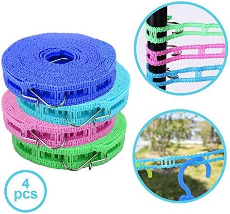 4 Pack of Clothesline with 5m Portable Nylon Clothes Hanger Rope and Durable Stainless-Steel Hook | Anti Slip Laundry Drip Drier Clothesline Rope for Travel Clothesline Home Camping | Color May Vary