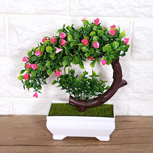 Artificial Flowers with Pot Fake Bonsai Silk Plastic Plant Vase for Wedding Holiday Garden Home Decor (Pink)