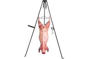 OUKIDR 600 LBS Tripod Game Hoist, Deer Skinning Rack with Gambrel, Winch & Table for Field Dressing and Cleaning, Black