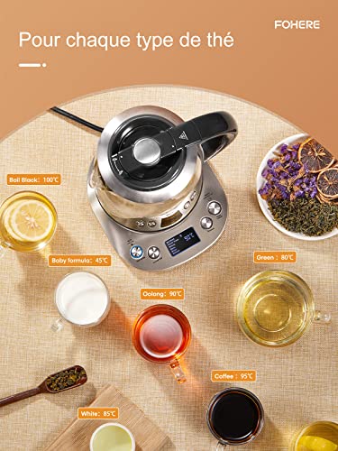 FOHERE Electric Glass Kettle, Adjustable Temperature Electric Teapot, 2200 W, 120 Mins Warm Function, Removable Tea Infuser 1.7 L