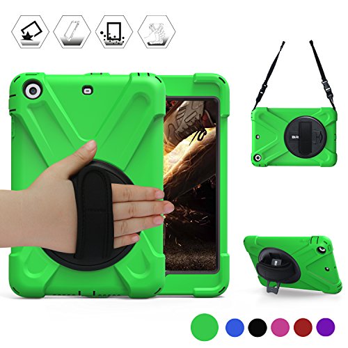 BRAECN iPad Mini Case iPad Mini 2 Case iPad MIni3 Case Kickstand and a Hand Grip/a Shoulder Strap Heavy Duty for Kids,Green Black