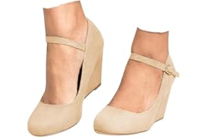 Coutgo Womens Wedge Pumps Dressy Mary Jane Shoes Comfort Wedges Closed Toe Ankle Strap Heeled Shoes