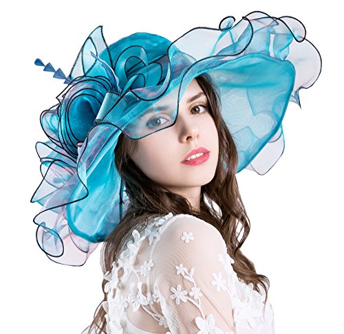 Obosoyo Women Foldable Organza Church Derby Hat Ruffles Wide Brim Summer Beach Sea Sun Hats Blue - Thumbnail 5