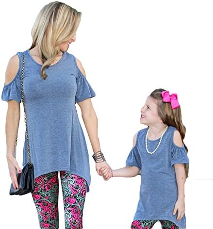 Lazylate Family Matching Shirts Outfits Clothes Mother Daughter Cold Open Shoulder Loose Tunic Tops for Leggings (XL, Blue/Daughter)