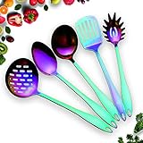 HOMQUEN Stainless Steel Kitchen Utensil Set - 5 Cooking Utensils, Rainbow Color Nonstick Kitchen Utensils Set, Colorful Titanium Plated Set Kitchen Tools Gadgets