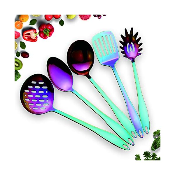 HOMQUEN Stainless Steel Kitchen Utensil Set - 5 Cooking Utensils, Rainbow Color Nonstick Kitchen Utensils Set, Colorful…