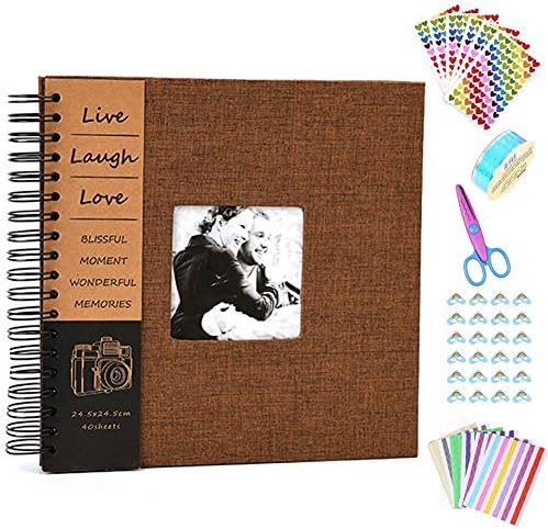 Anleymu Scrapbook Linen Cover, Photo Album with Photo Opening, Guest Book for Valentines Day, Wedding, DIY Anniversary Travel Memory with Scrapbook Accessories (Coffee, 12x12 inch)