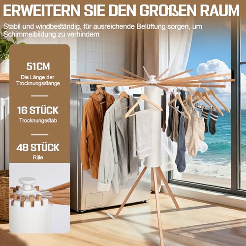 Space Saving Folding Clothes Airer with 16 Wooden Arms and 48 Hanging Slots, Modern Octopus Shape Drying Rack Portable Rack for Balcony, Indoor, Laundry Room (White)