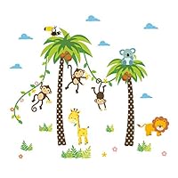 ElecMotive Cartoon Forest Animal Monkey Crow Koala Coconut Palm Tree Nursery Wall Stickers Wall Murals DIY Posters Vinyl Removable Art Wall Decals for Kids Girls Room Decoration (Monkey Lion Giraffe)