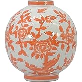 Galt International Orange & White Ceramic Floral Chinoiserie Globe Vase 12" Dia. - Round Bulb Shape Flower Vase Jar Classic Antique Home Decor