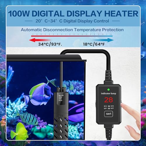 SUSOO 100W Aquarium Heater with Temperature Digital Display, Safe Submersible Automatic Constant Temperature Fish Tank Heater with 20°C-34°C（68℉-93℉）Constant Temperature Control for Fish & Turtle Tank