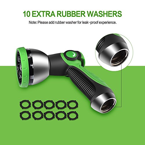 VicTsing Garden Hose Nozzle, Metal Hand Sprayer, No-Squeeze Sprayer with 10 Watering Patterns, Thumb Control, 10 Extra Rubber Washers Are Included, Great for Car, Garden