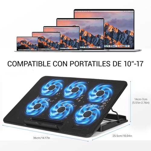 JDF3CISH Ventilador para Laptop y Base Enfriadora con 6 Ventiladores Silenciosos, Soporte Ajustable para Laptop Gamer 12-17.3", Cooling Pad con 5 Alturas, Soporte para Celular y Dual USB