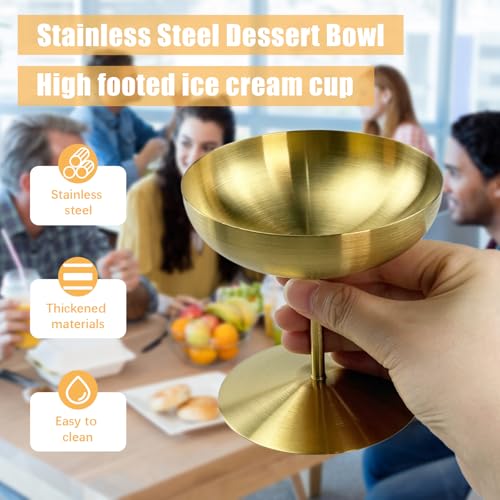 Flylin Ice Cream Cup, Stainless Steel Dessert Dish Sauce Bowls Cups for Salad Fruit Pudding, Round Tall Footed Yogurt Snack Candy Cups for Christmas Party (Gold, 150ml)