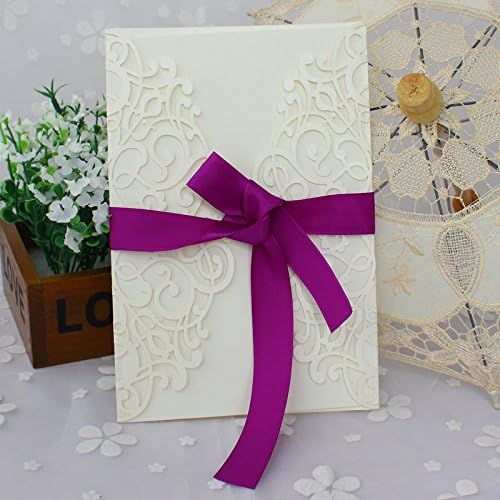 50-Pcs Exquisite Carving Wedding Invitation Kits with Silk Ribbon, White