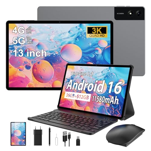 RUSHAR 3K Tablet 13 Inch Android 16 with 36GB RAM+512GB ROM (TF 2TB), 4G LTE & 5G WiFi,11580mAh/Octa Core/Gemini AI/13MP+8MP/18W/90Hz/GPS/Widevine L1/BT 5.0, Tablet with Keyboard, Grey