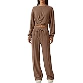 QINSEN Women 2 Piece Outfits Sweatsuit Set Twist Front Cropped Sweatshirt Wide Leg Sweatpant Lounge Set Tracksuit