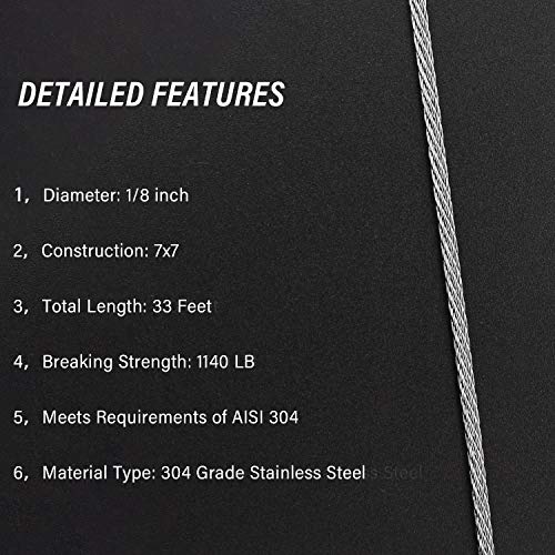 Favordrory Cable Railing Kits Includes 1/8 Inch x 33 Feet 304 Stainless Steel Wire Rope Cable, 50 Pieces Aluminum Crimping Sleeves and 12 Pieces Thimbles for Railing, Decking, Picture Hanging