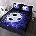 Blue Flame Soccer Duvet Cover Set for Children Boys 3D Printed Football Quilt Cover Set with 2 Pillowcases Fire and Ice Bedding Set with Zipper Closure Queen Size 90