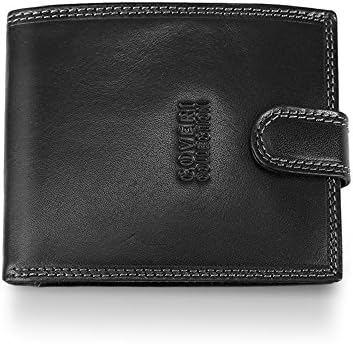 Genuine Leather Wallet for Men with Coin Pocket - Button Closure - Gents Trifold Wallet with Inserts for Credit Cards, ID, Documents and Bills - 12x10x2.5 cm - Coveri Collection (Black)