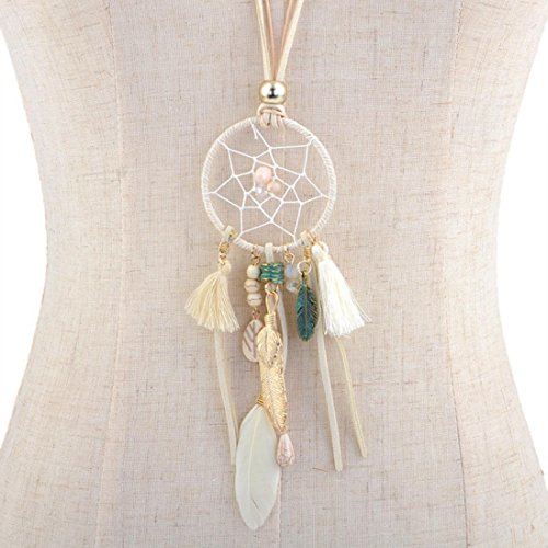 Hunputa Fashion Women 2 Layers Leather Dreamcatcher Tassel Feathers Pendant Long Chain Necklace Choker (White)