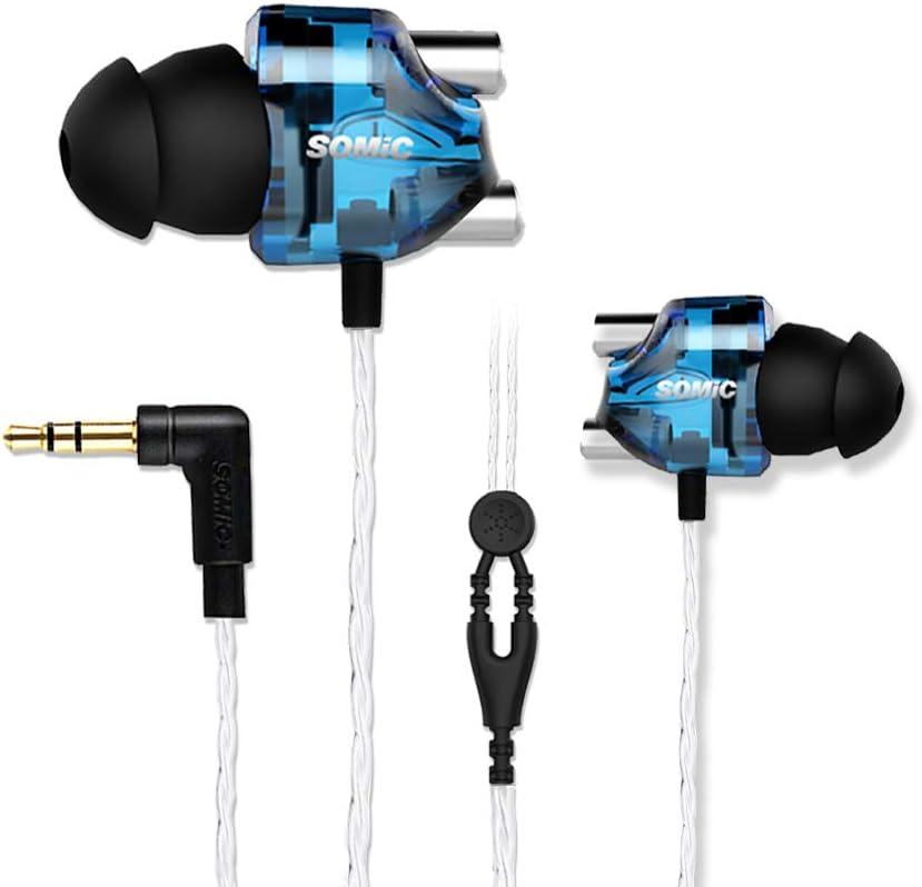 SOMIC V4 Blue in Ear HiFi Sound Earphones with 3.5MM Plug Work for Mobile Phone, iPod, Sweat-Proof Sport Music Earbuds for Running Jogging Gym
