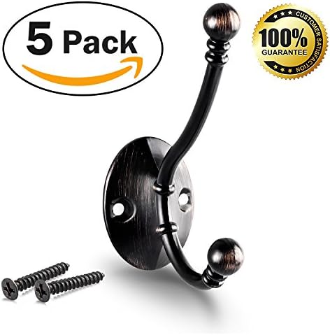 Heavy Duty Dual Coat Hooks Wall Hooks, Wall Mounted, Screws Included, 3.8" - 5 Pack (Oil Rubbed Bronze)