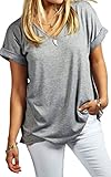 Meaneor Women Solid Comfy Loose Fit Roll Over Short Sleeve V Neck Lightweight Top Tee