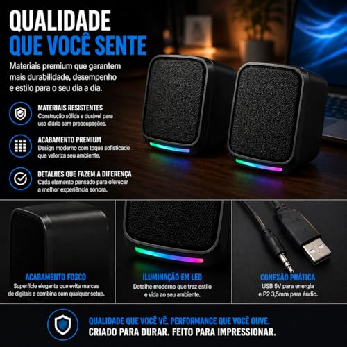 Caixa de Som PC Gamer 10W RMS Estéreo Som Potente com Iluminação LED RGB - para Smartphone, Notebook e Computador - Conexão USB/P2 com Controle de Volume Plug and Play