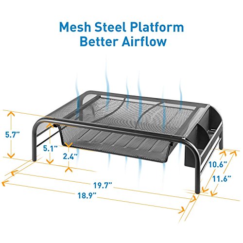 Monitor Stand Riser, Mesh Metal Printer Stand Holder with Pull Out Storage Drawer and Side Compartments Pockets for Computer, Laptop, iMac, Desk, Pens, Phones, Calculators by HUANUO