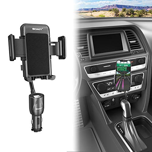 SOAIY 3-in-1 Cigarette Lighter Car Mount + Voltage Detector (Not for Center Console & Window), Dual USB 3.1A Charger with Adjust Gooseneck & 360° Rotating Car Mount Cradle for Phone from 3.5-6.5 inch