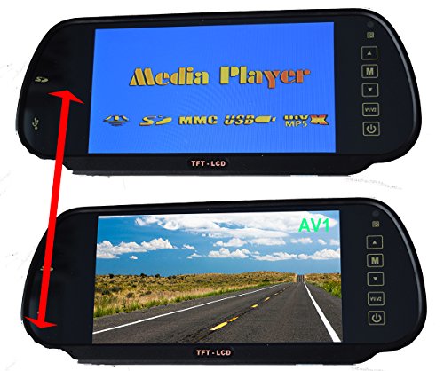7" Car Monitor In-Mirror LCD Screen MP5 SD Card/USB Play - Audio FM Transmission, E-KYLIN 12-24V Universal for Truck Auto Mirror Mount Clip 2 RCA Channel for Backup Camera/Rear view/DVD/Media Player