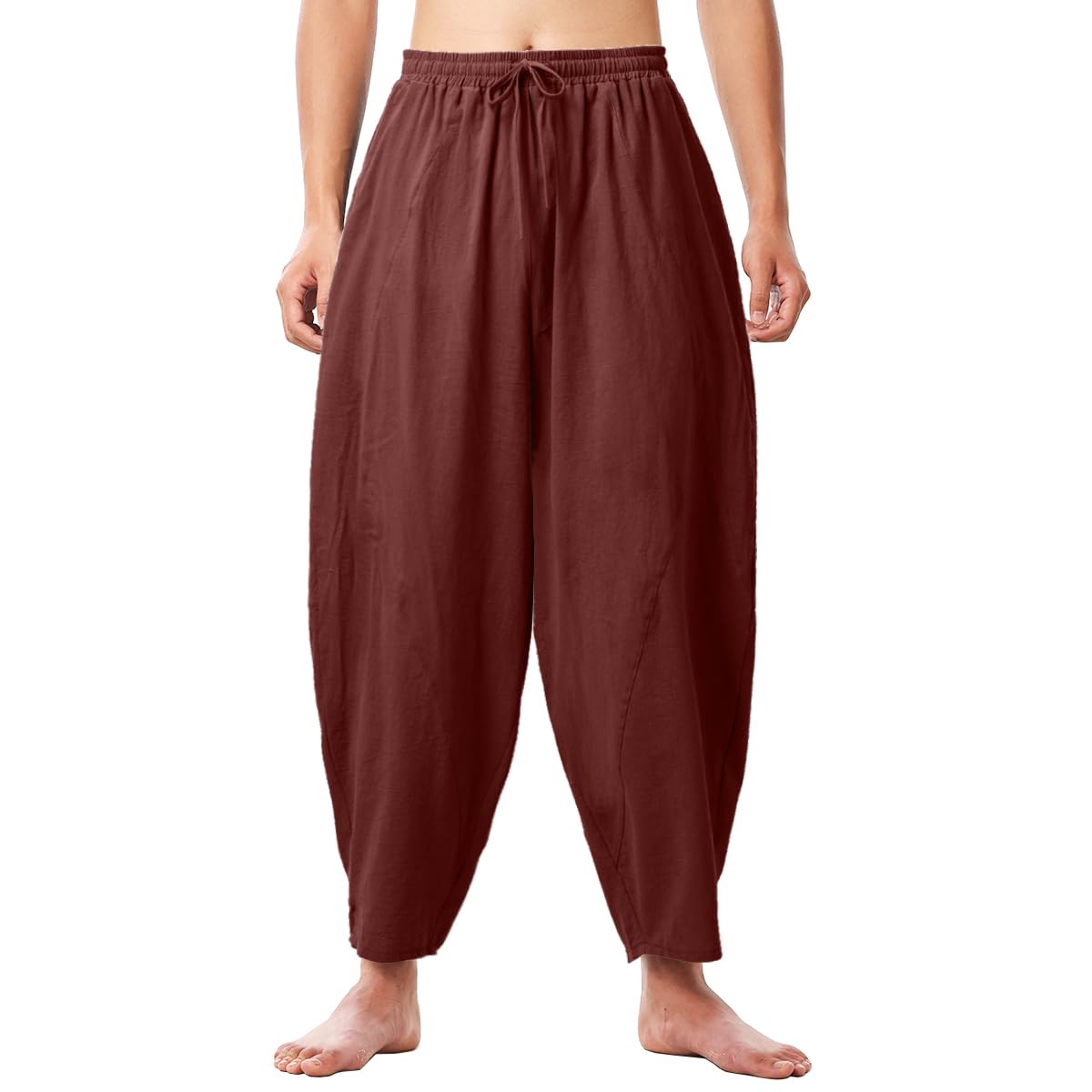 BPURB Men's Cotton Casual Harem Pants Yoga Baggy Elastic Drawstring Waist Hippie Pants Trousers with Pocket, Brown, L
